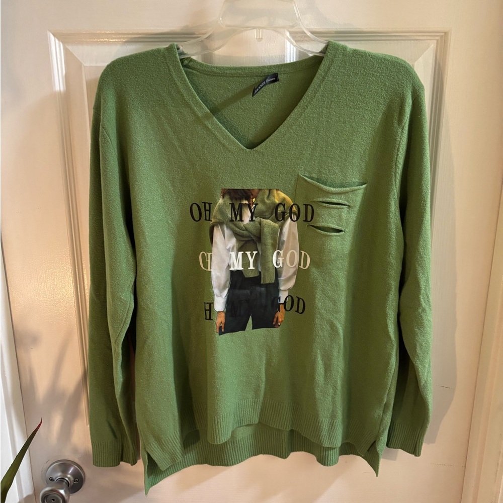 Green Graphic V-Neck Sweater by Zannza Couture, Size Large